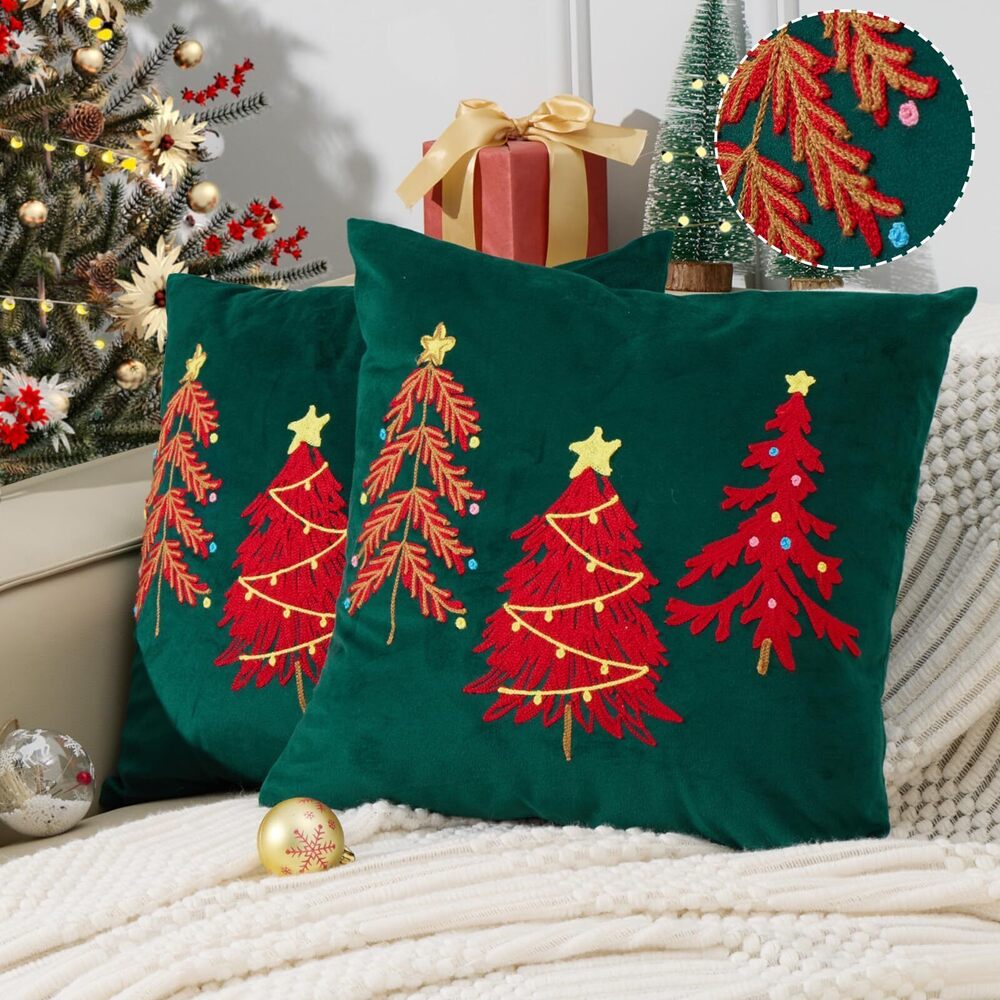 3765 Green Velvet Embroidery Christmas Pillow Cover 18x18 Set of 2, Tufted